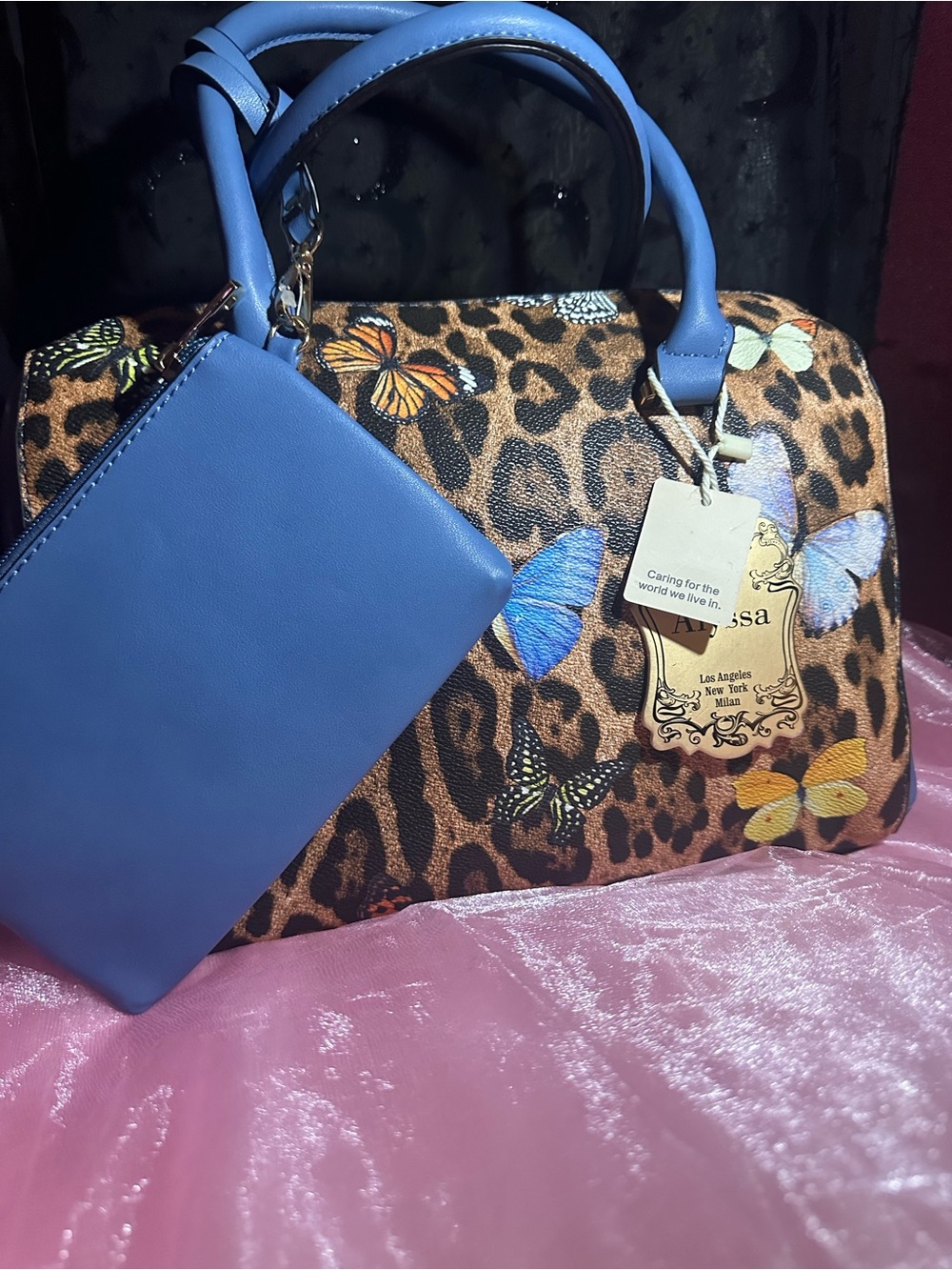 Butterfly & Leopard Satchel with Blue Handles by Alyssa